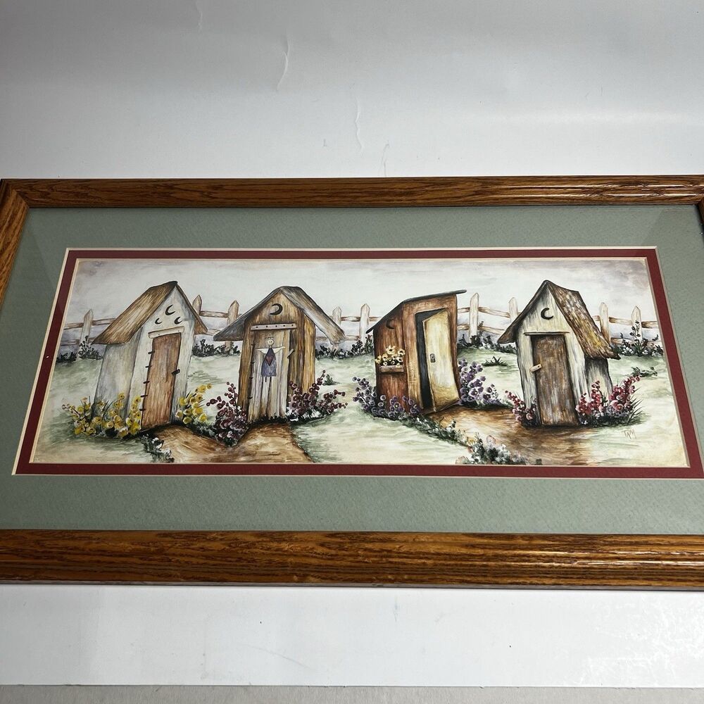 Vtg Home & Garden Party Outhouse Framed Print Folk Art Panoramic Bathroom TAM